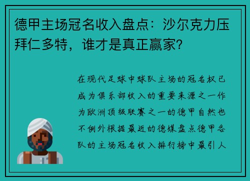 德甲主场冠名收入盘点：沙尔克力压拜仁多特，谁才是真正赢家？