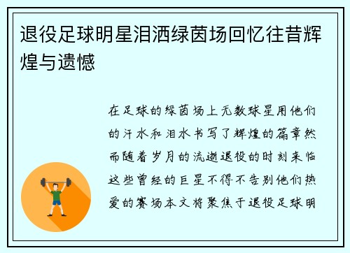 退役足球明星泪洒绿茵场回忆往昔辉煌与遗憾