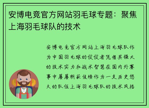 安博电竞官方网站羽毛球专题：聚焦上海羽毛球队的技术
